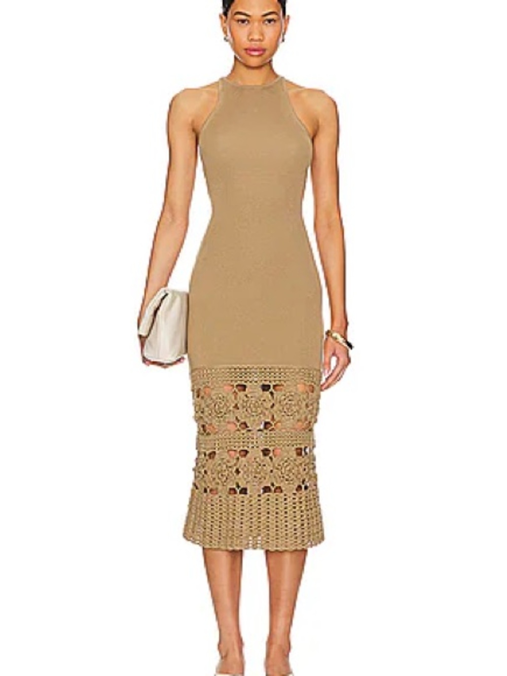 Revolve Tularosa Finley Crochet Midi Dress in Tan